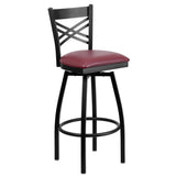 English Elm Commercial Grade Series Black ''X'' Back Swivel Metal Barstool - Vinyl Seat