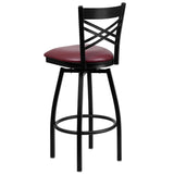 English Elm Commercial Grade Series Black ''X'' Back Swivel Metal Barstool - Vinyl Seat