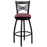 English Elm Commercial Grade Series Black ''X'' Back Swivel Metal Barstool - Vinyl Seat