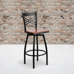 English Elm Commercial Grade Series Black ''X'' Back Swivel Metal Barstool - Cherry Wood Seat