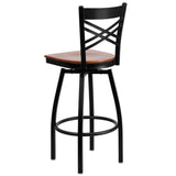 English Elm Commercial Grade Series Black ''X'' Back Swivel Metal Barstool - Cherry Wood Seat