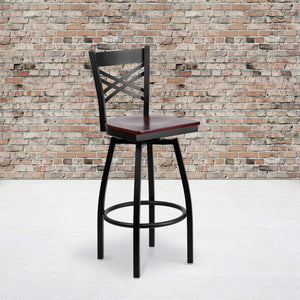 English Elm Commercial Grade Series Black ''X'' Back Swivel Metal Barstool - Mahogany Wood Seat