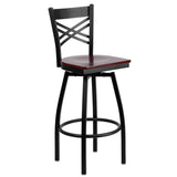 English Elm Commercial Grade Series Black ''X'' Back Swivel Metal Barstool - Mahogany Wood Seat