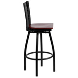 English Elm Commercial Grade Series Black ''X'' Back Swivel Metal Barstool - Mahogany Wood Seat