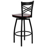 English Elm Commercial Grade Series Black ''X'' Back Swivel Metal Barstool - Mahogany Wood Seat