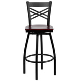 English Elm Commercial Grade Series Black ''X'' Back Swivel Metal Barstool - Mahogany Wood Seat