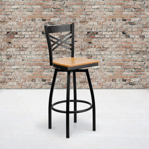 English Elm Commercial Grade Series Black ''X'' Back Swivel Metal Barstool - Wood Seat