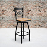 Commercial Grade Series Black ''X'' Back Swivel Metal Barstool - Wood Seat