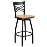 English Elm Commercial Grade Series Black ''X'' Back Swivel Metal Barstool - Wood Seat