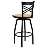 English Elm Commercial Grade Series Black ''X'' Back Swivel Metal Barstool - Wood Seat