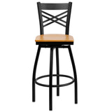 English Elm Commercial Grade Series Black ''X'' Back Swivel Metal Barstool - Wood Seat