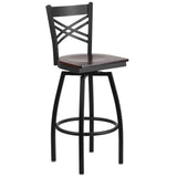 English Elm Commercial Grade Series Black ''X'' Back Swivel Metal Barstool - Walnut Wood Seat