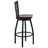 English Elm Commercial Grade Series Black ''X'' Back Swivel Metal Barstool - Walnut Wood Seat