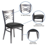 English Elm Commercial Grade Series Clear Coated ''X'' Back Metal Restaurant Chair - Vinyl Seat