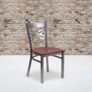 English Elm Commercial Grade Series Clear Coated ''X'' Back Metal Restaurant Chair - Cherry Wood Seat