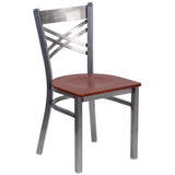 English Elm Commercial Grade Series Clear Coated ''X'' Back Metal Restaurant Chair - Cherry Wood Seat