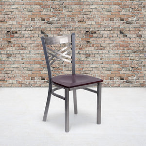 English Elm Commercial Grade Series Clear Coated ''X'' Back Metal Restaurant Chair - Mahogany Wood Seat