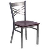 English Elm Commercial Grade Series Clear Coated ''X'' Back Metal Restaurant Chair - Mahogany Wood Seat