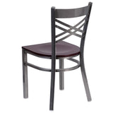 English Elm Commercial Grade Series Clear Coated ''X'' Back Metal Restaurant Chair - Mahogany Wood Seat