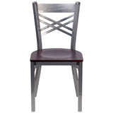 English Elm Commercial Grade Series Clear Coated ''X'' Back Metal Restaurant Chair - Mahogany Wood Seat