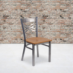 English Elm Commercial Grade Series Clear Coated ''X'' Back Metal Restaurant Chair - Wood Seat