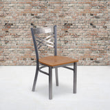 Clear Coated Metal Chair with X Back Design and Wood Seat - Commercial Grade