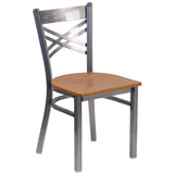 English Elm Commercial Grade Series Clear Coated ''X'' Back Metal Restaurant Chair - Wood Seat