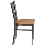 English Elm Commercial Grade Series Clear Coated ''X'' Back Metal Restaurant Chair - Wood Seat