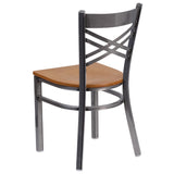 English Elm Commercial Grade Series Clear Coated ''X'' Back Metal Restaurant Chair - Wood Seat