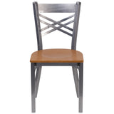 English Elm Commercial Grade Series Clear Coated ''X'' Back Metal Restaurant Chair - Wood Seat