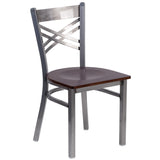 English Elm Commercial Grade Series Clear Coated ''X'' Back Metal Restaurant Chair - Walnut Wood Seat