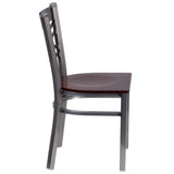 English Elm Commercial Grade Series Clear Coated ''X'' Back Metal Restaurant Chair - Walnut Wood Seat