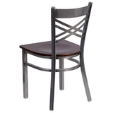 English Elm Commercial Grade Series Clear Coated ''X'' Back Metal Restaurant Chair - Walnut Wood Seat