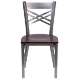 English Elm Commercial Grade Series Clear Coated ''X'' Back Metal Restaurant Chair - Walnut Wood Seat