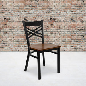 English Elm Commercial Grade Series Black ''X'' Back Metal Restaurant Chair - Cherry Wood Seat