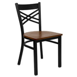 English Elm Commercial Grade Series Black ''X'' Back Metal Restaurant Chair - Cherry Wood Seat