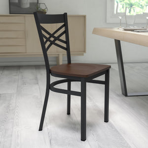 English Elm Commercial Grade Series Black ''X'' Back Metal Restaurant Chair - Mahogany Wood Seat