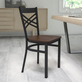 English Elm Commercial Grade Series Black ''X'' Back Metal Restaurant Chair - Mahogany Wood Seat