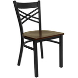 English Elm Commercial Grade Series Black ''X'' Back Metal Restaurant Chair - Mahogany Wood Seat