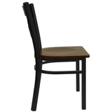 English Elm Commercial Grade Series Black ''X'' Back Metal Restaurant Chair - Mahogany Wood Seat