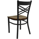 English Elm Commercial Grade Series Black ''X'' Back Metal Restaurant Chair - Mahogany Wood Seat