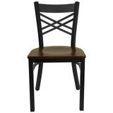 English Elm Commercial Grade Series Black ''X'' Back Metal Restaurant Chair - Mahogany Wood Seat