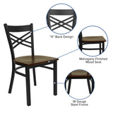 English Elm Commercial Grade Series Black ''X'' Back Metal Restaurant Chair - Mahogany Wood Seat