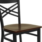 English Elm Commercial Grade Series Black ''X'' Back Metal Restaurant Chair - Mahogany Wood Seat