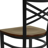 English Elm Commercial Grade Series Black ''X'' Back Metal Restaurant Chair - Mahogany Wood Seat