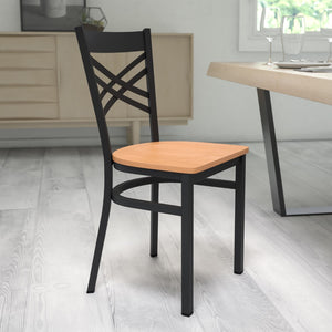 English Elm Commercial Grade Series Black ''X'' Back Metal Restaurant Chair - Wood Seat