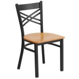 English Elm Commercial Grade Series Black ''X'' Back Metal Restaurant Chair - Wood Seat