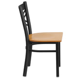 English Elm Commercial Grade Series Black ''X'' Back Metal Restaurant Chair - Wood Seat