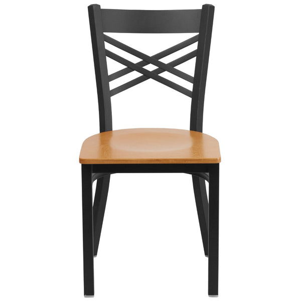 English Elm Commercial Grade Series Black ''X'' Back Metal Restaurant Chair - Wood Seat