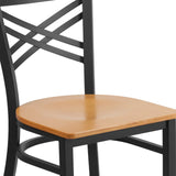 English Elm Commercial Grade Series Black ''X'' Back Metal Restaurant Chair - Wood Seat